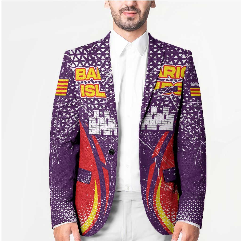 Purple patterned blazer with colorful front crest graphic and notch lapels