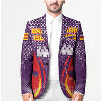 Purple patterned blazer with colorful front crest graphic and notch lapels