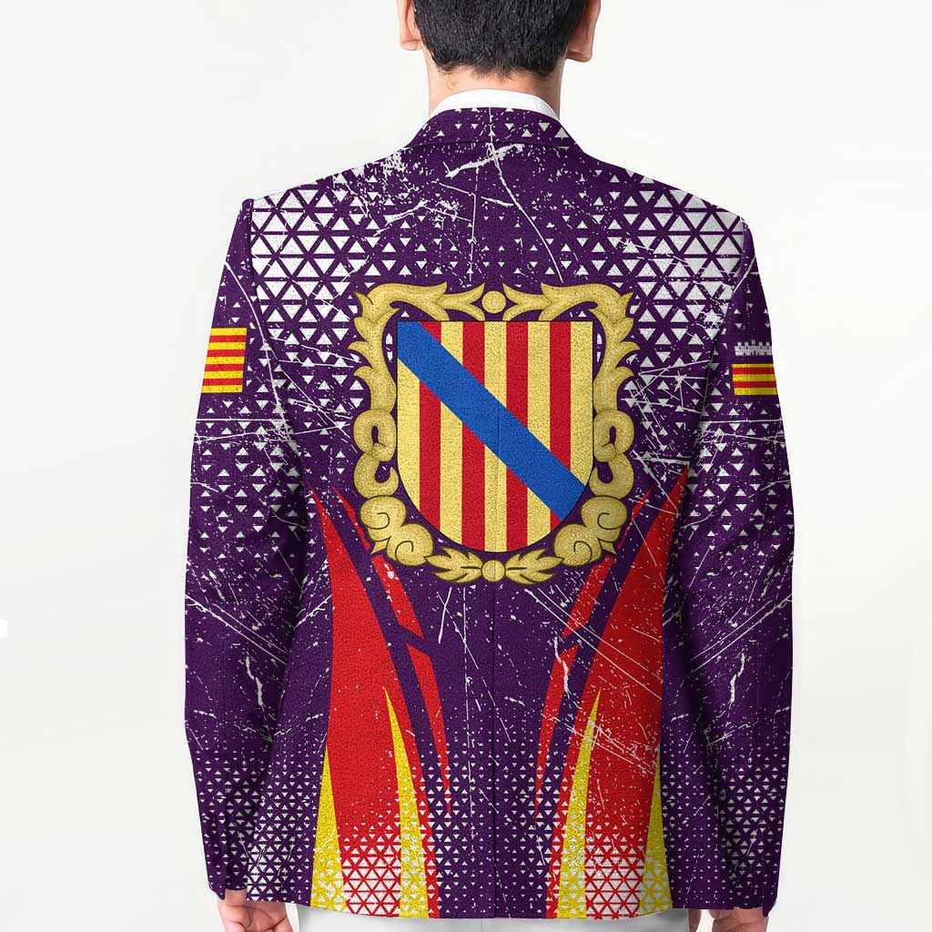 Purple graphic blazer back view with large crest and cityscape graphic