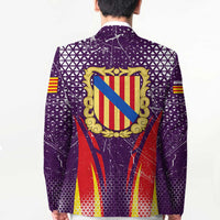 Purple graphic blazer back view with large crest and cityscape graphic