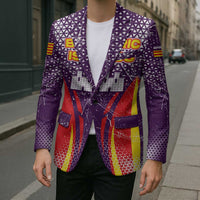 Purple graphic blazer worn over white tee, button front and long sleeves