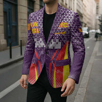 Purple graphic blazer worn over black shirt, button front and long sleeves