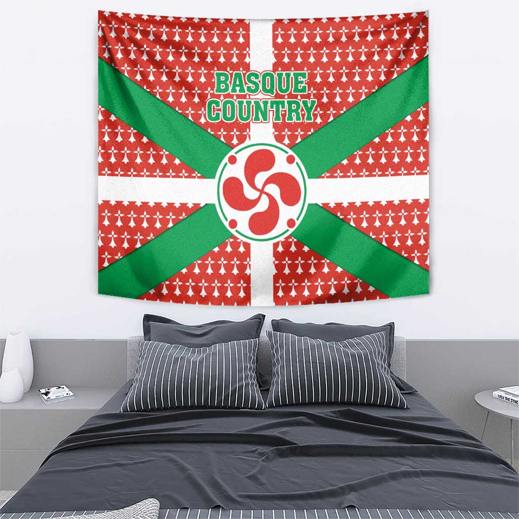 Basque Country flag tapestry showing “BASQUE COUNTRY” text, green X, and red circular symbol