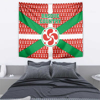 Basque Country flag tapestry showing “BASQUE COUNTRY” text, green X, and red circular symbol
