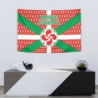 Basque Country flag tapestry with red geometric backdrop, white stripes, green diagonal rays