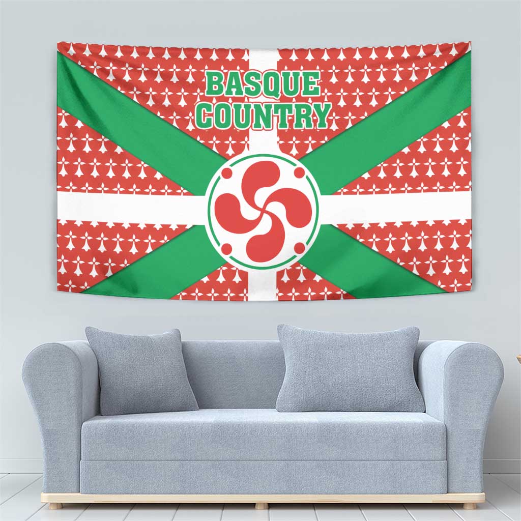 Basque Country flag tapestry with green diagonal bands, red patterned field, and central emblem