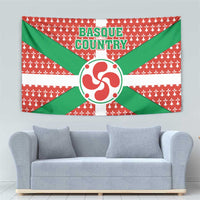 Basque Country flag tapestry with green diagonal bands, red patterned field, and central emblem