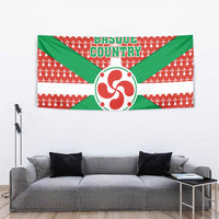 Basque Country flag tapestry with “BASQUE COUNTRY” lettering, green X, and red circular logo