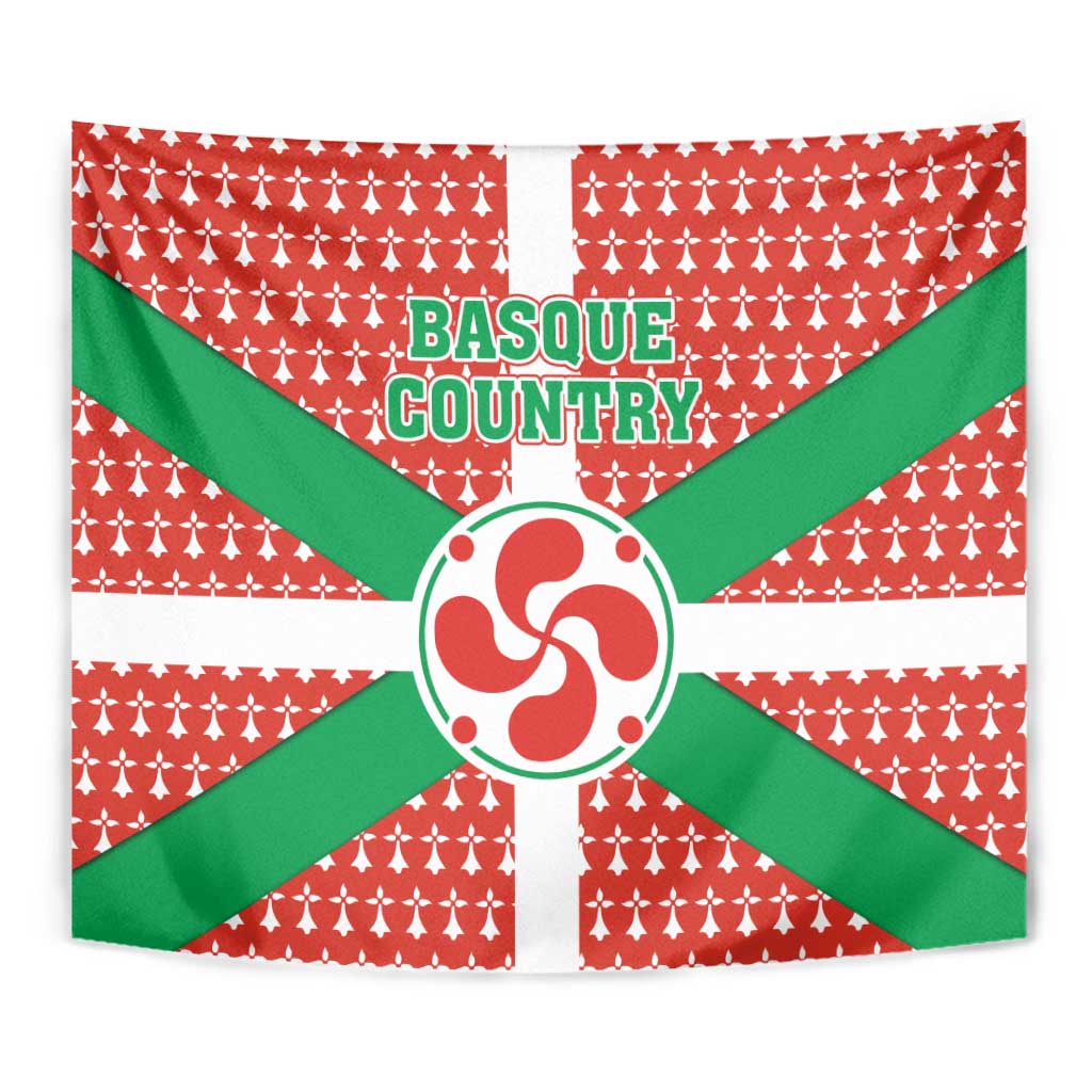 Basque Country flag tapestry close-up with green X rays and red circular emblem on red field