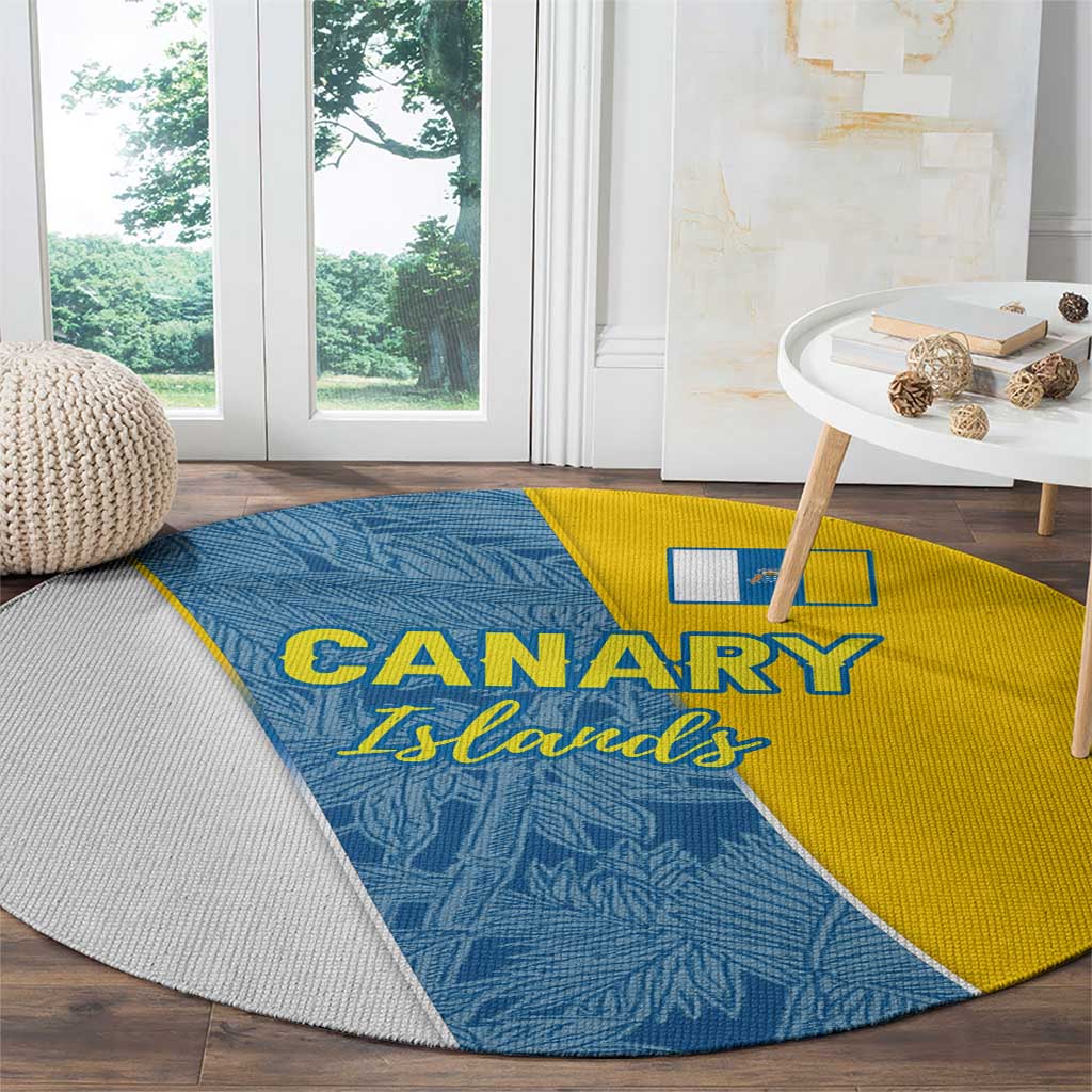 Round carpet with Canary Islands flag graphic in blue and yellow, curved border