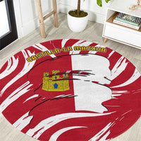 Round red-and-white carpet rug with Castilla-La Mancha flag graphic and castle crest