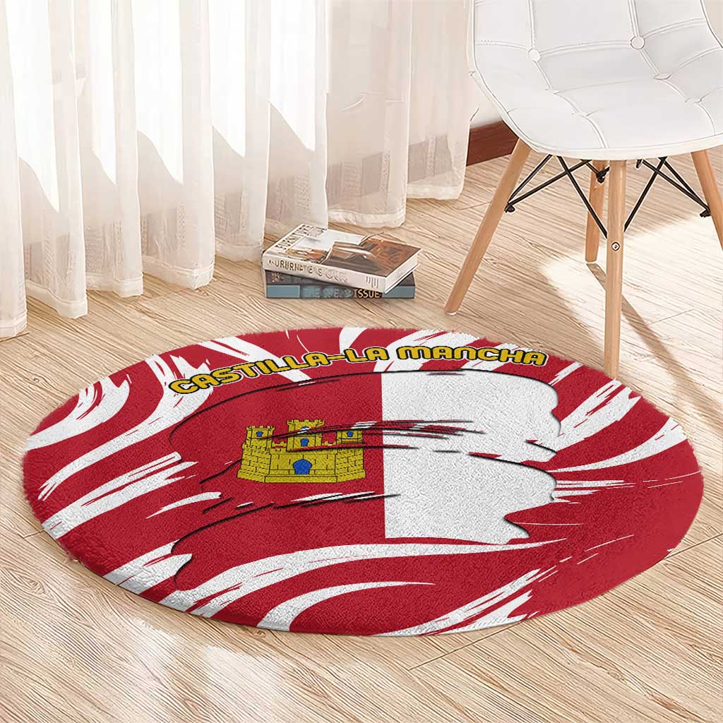 Round red-and-white circular carpet rug with Castilla-La Mancha flag silhouette and crest