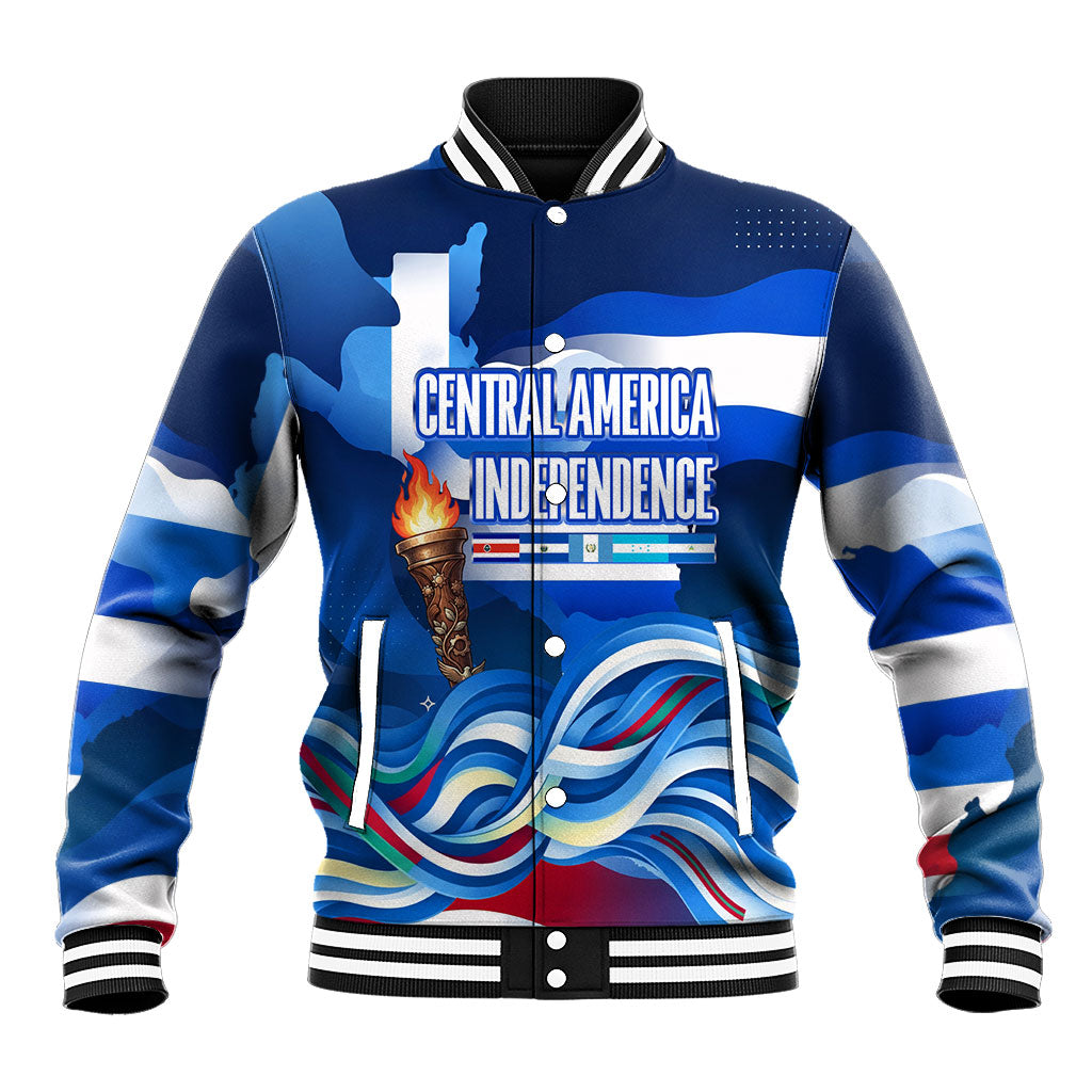 Central America Independence Rise Together Baseball Jacket Blue White Flag Map Crest Torch Independence Day