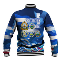 Central America Independence Rise Together Baseball Jacket Blue White Flag Map Crest Torch Independence Day