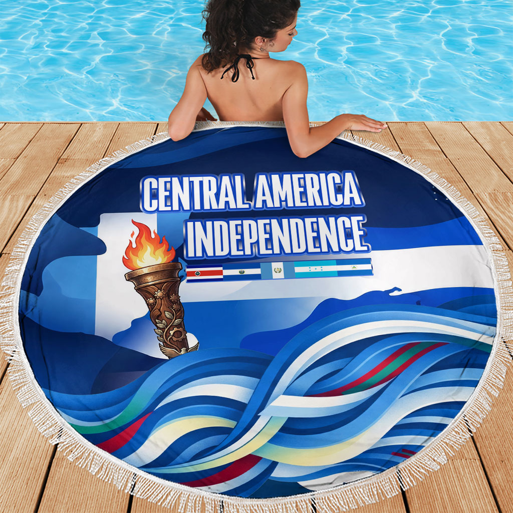 Central America Independence Rise Together Beach Blanket Blue White Flag Map Crest Torch Independence Day