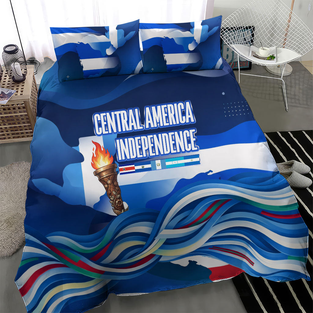 Central America Independence Rise Together Bedding Set Blue White Flag Map Crest Torch Independence Day