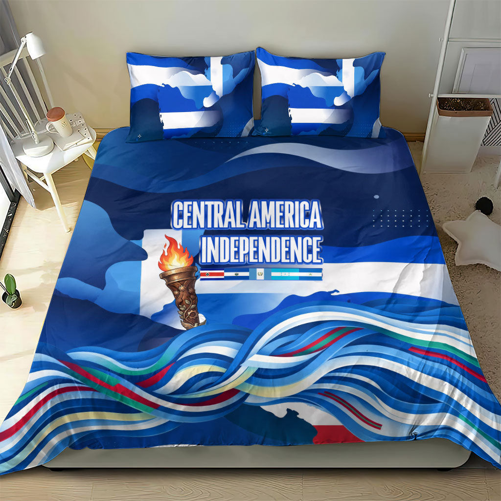 Central America Independence Rise Together Bedding Set Blue White Flag Map Crest Torch Independence Day