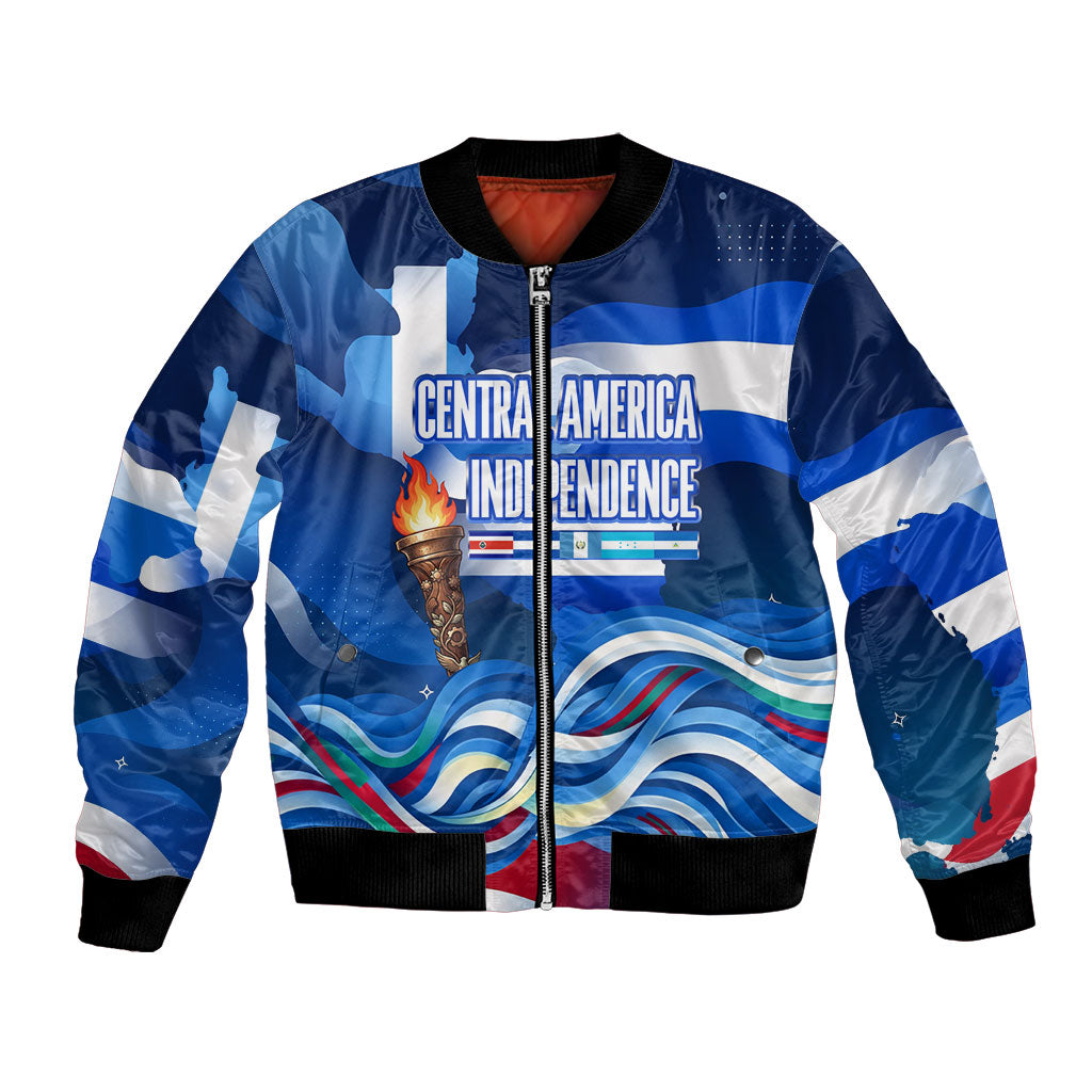 Central America Independence Rise Together Bomber Jacket Blue White Flag Map Crest Torch Independence Day