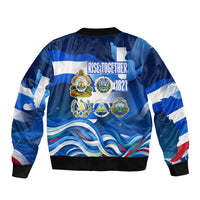 Central America Independence Rise Together Bomber Jacket Blue White Flag Map Crest Torch Independence Day
