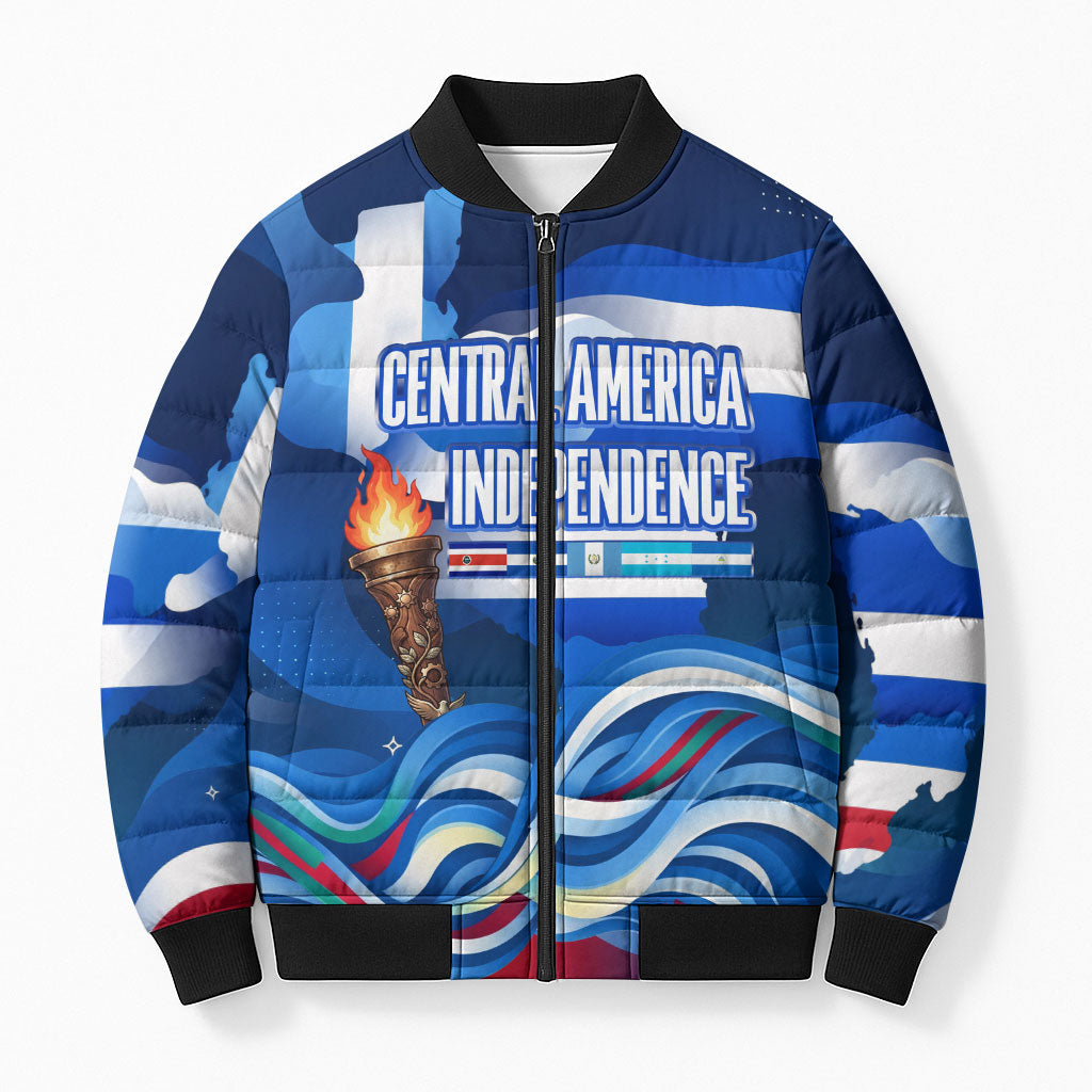 Central America Independence Rise Together Bomber Puffer Jacket Blue White Flag Map Crest Torch Independence Day