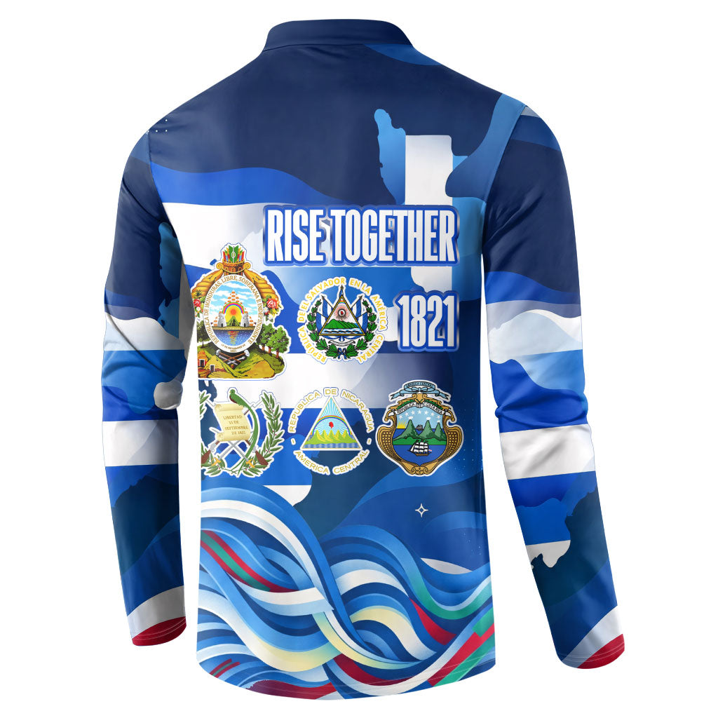 Central America Independence Rise Together Button Sweatshirt Blue White Flag Map Crest Torch Independence Day