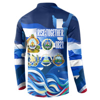 Central America Independence Rise Together Button Sweatshirt Blue White Flag Map Crest Torch Independence Day