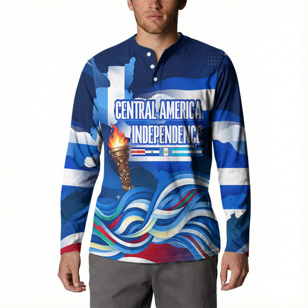 Central America Independence Rise Together Button Sweatshirt Blue White Flag Map Crest Torch Independence Day