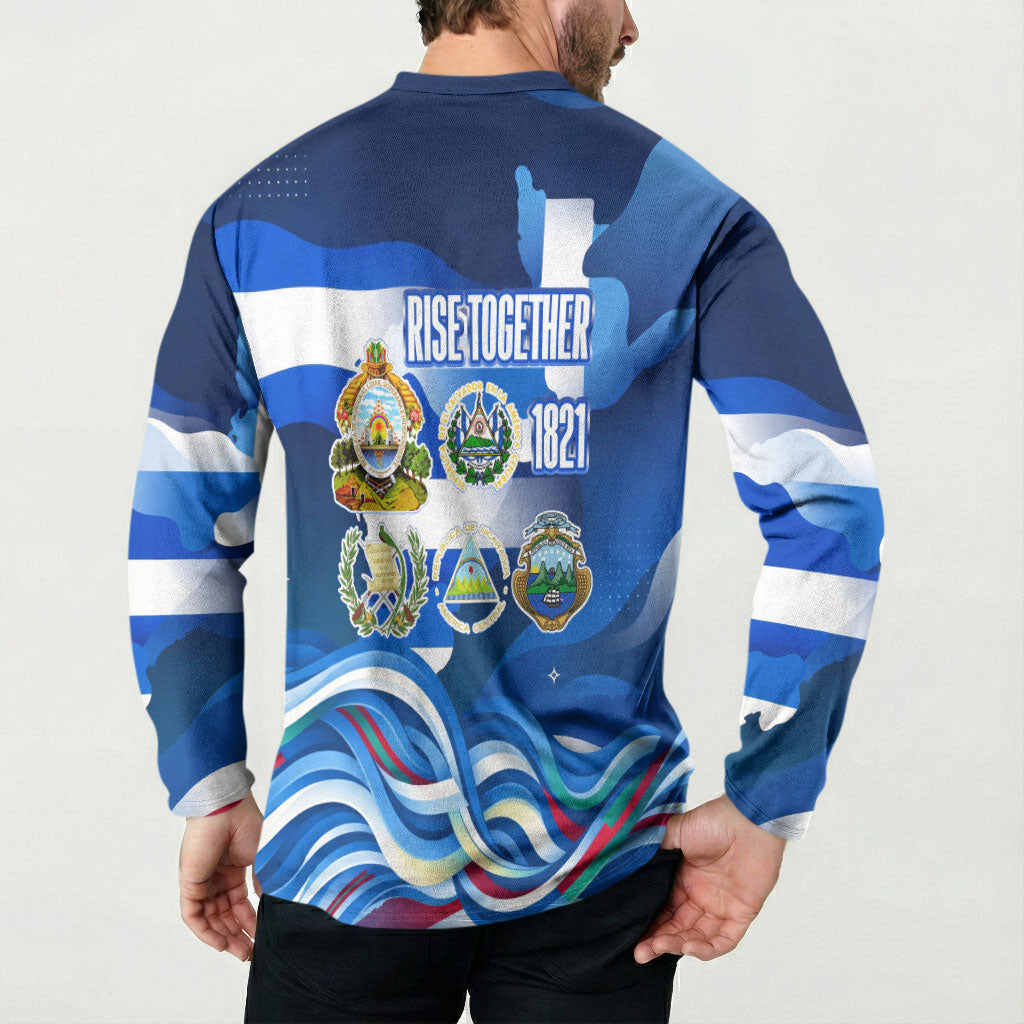 Central America Independence Rise Together Button Sweatshirt Blue White Flag Map Crest Torch Independence Day