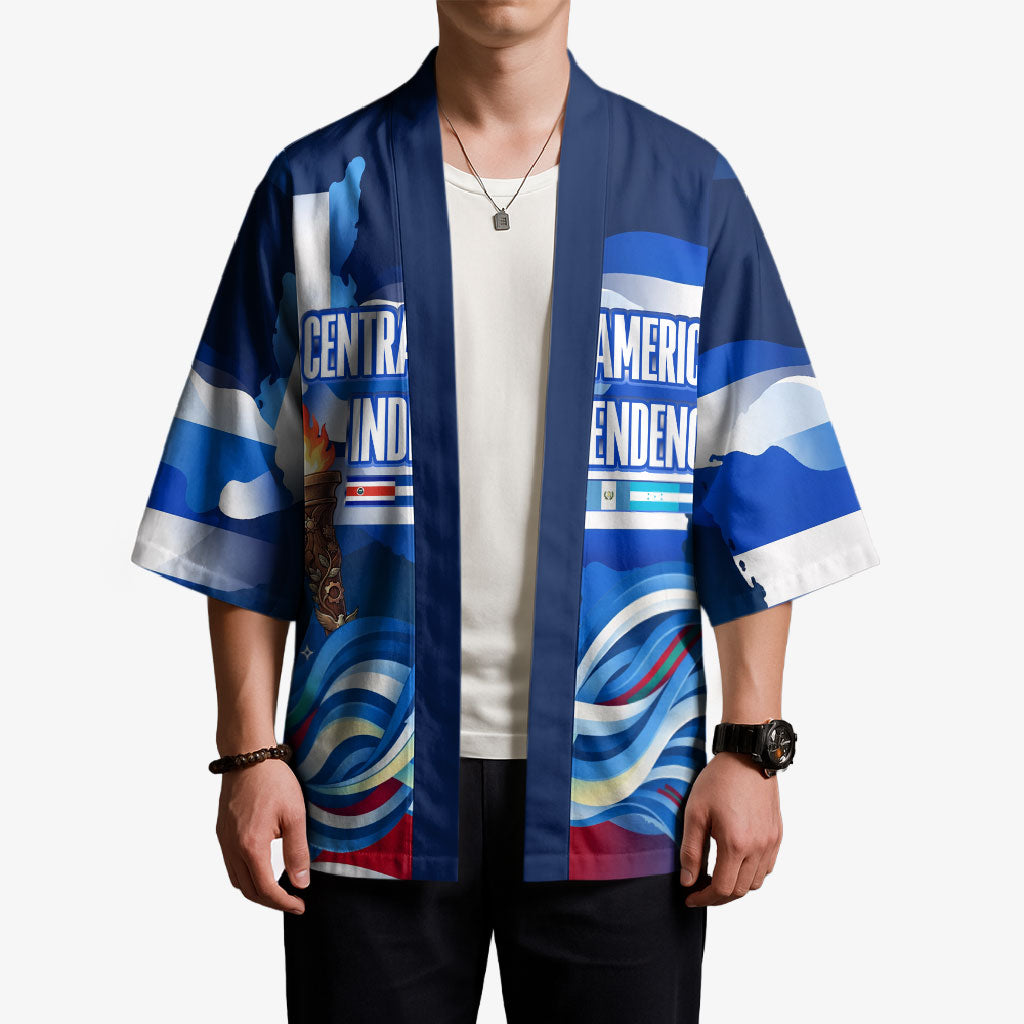 Central America Independence Rise Together Kimono Blue White Flag Map Crest Torch Independence Day