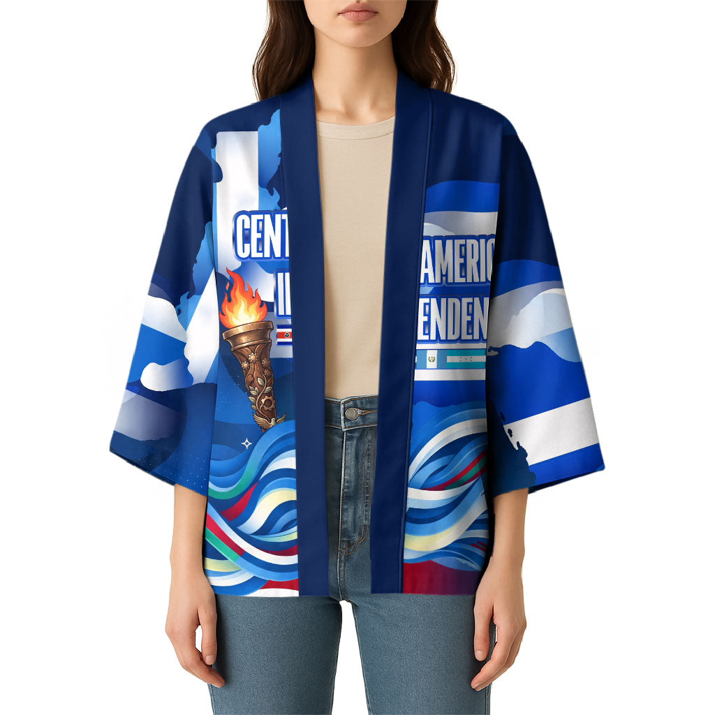 Central America Independence Rise Together Kimono Blue White Flag Map Crest Torch Independence Day