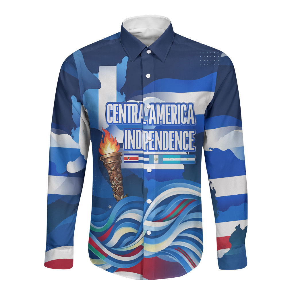 Central America Independence Rise Together Long Sleeve Button Shirt Blue White Flag Map Crest Torch Independence Day