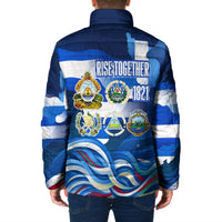 Central America Independence Rise Together Padded Jacket Blue White Flag Map Crest Torch Independence Day