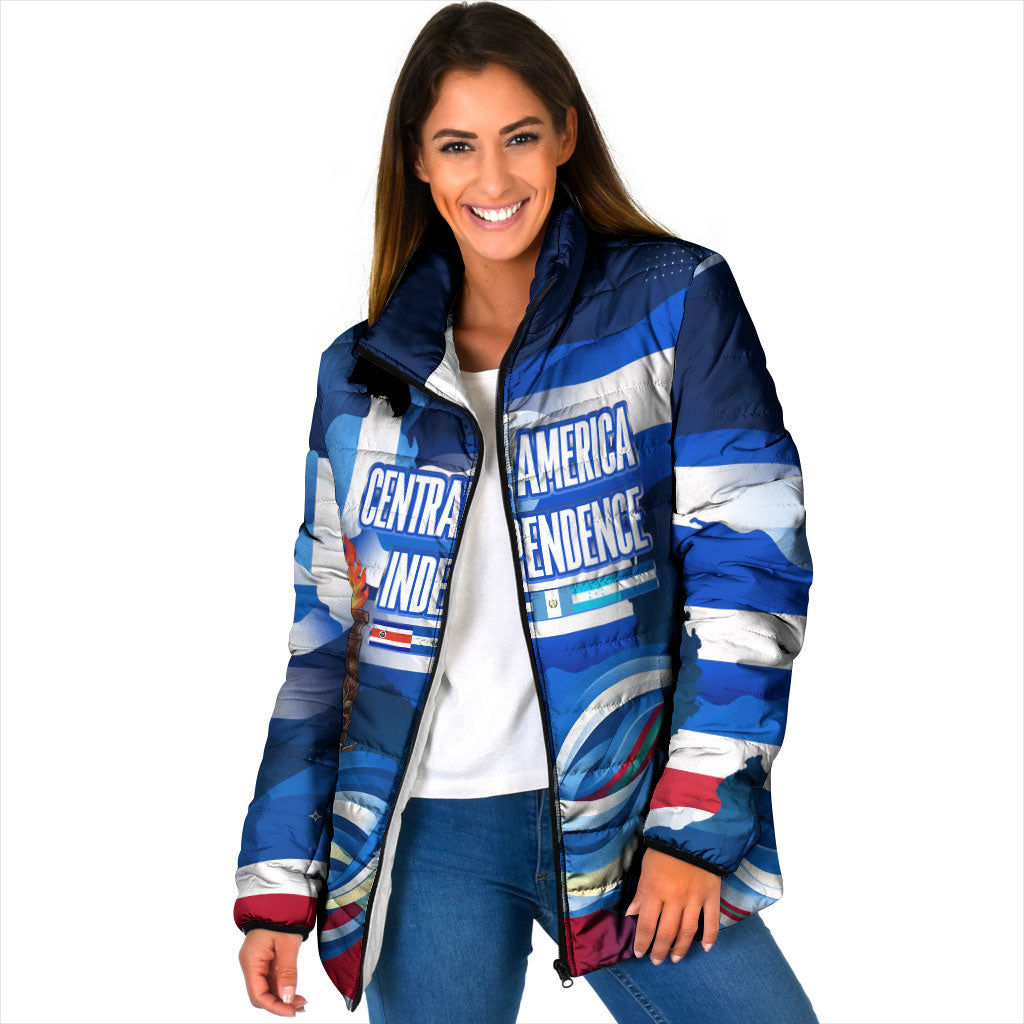 Central America Independence Rise Together Padded Jacket Blue White Flag Map Crest Torch Independence Day