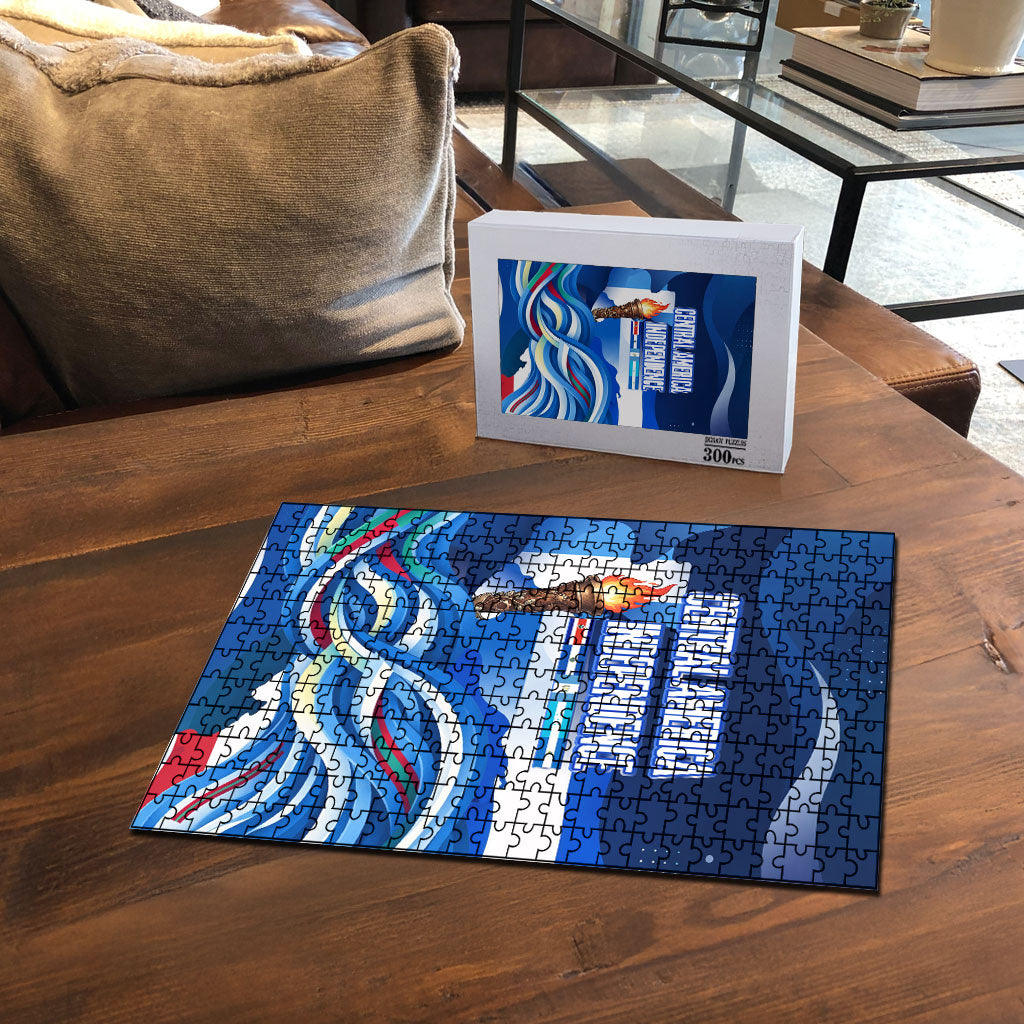 Central America Independence Rise Together Puzzle Blue White Flag Map Crest Torch Independence Day