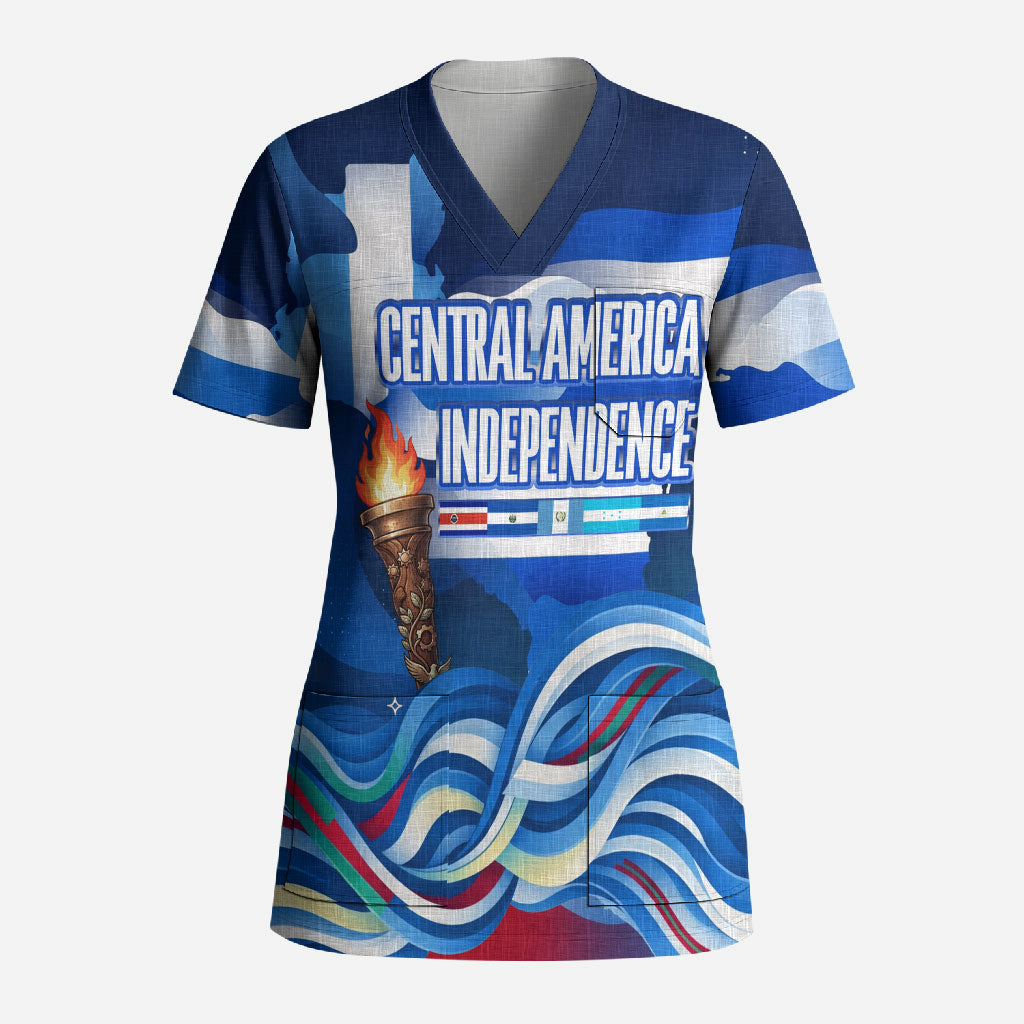 Central America Independence Rise Together Scrub Top Blue White Flag Map Crest Torch Independence Day