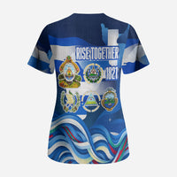 Central America Independence Rise Together Scrub Top Blue White Flag Map Crest Torch Independence Day
