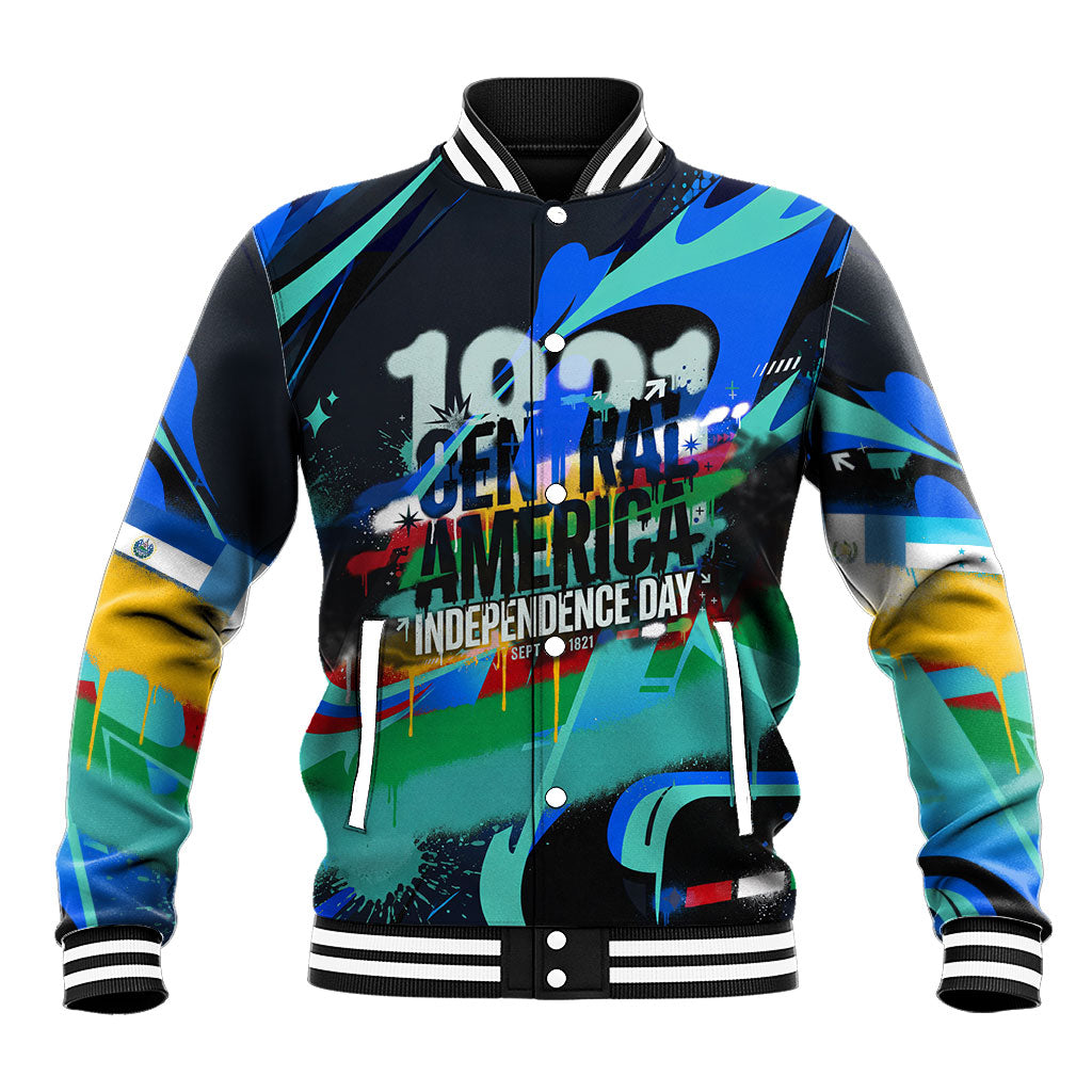 Central America Independence Day 1821 Baseball Jacket Blue Black Graffiti Paint Splatter Parrot Map