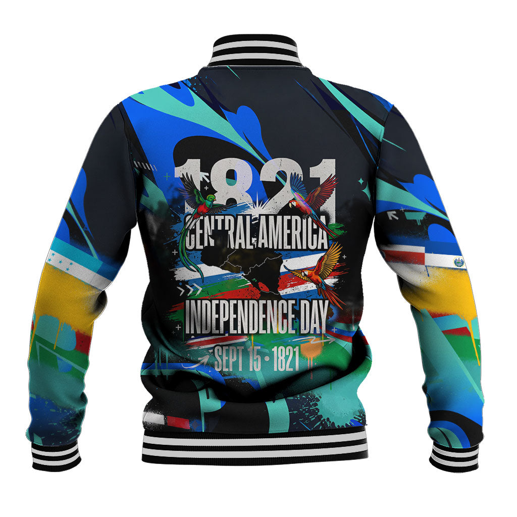 Central America Independence Day 1821 Baseball Jacket Blue Black Graffiti Paint Splatter Parrot Map