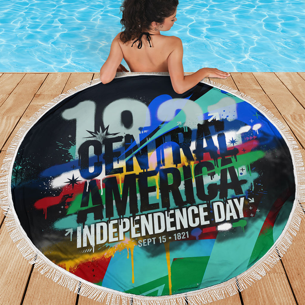 Central America Independence Day 1821 Beach Blanket Blue Black Graffiti Paint Splatter Parrot Map
