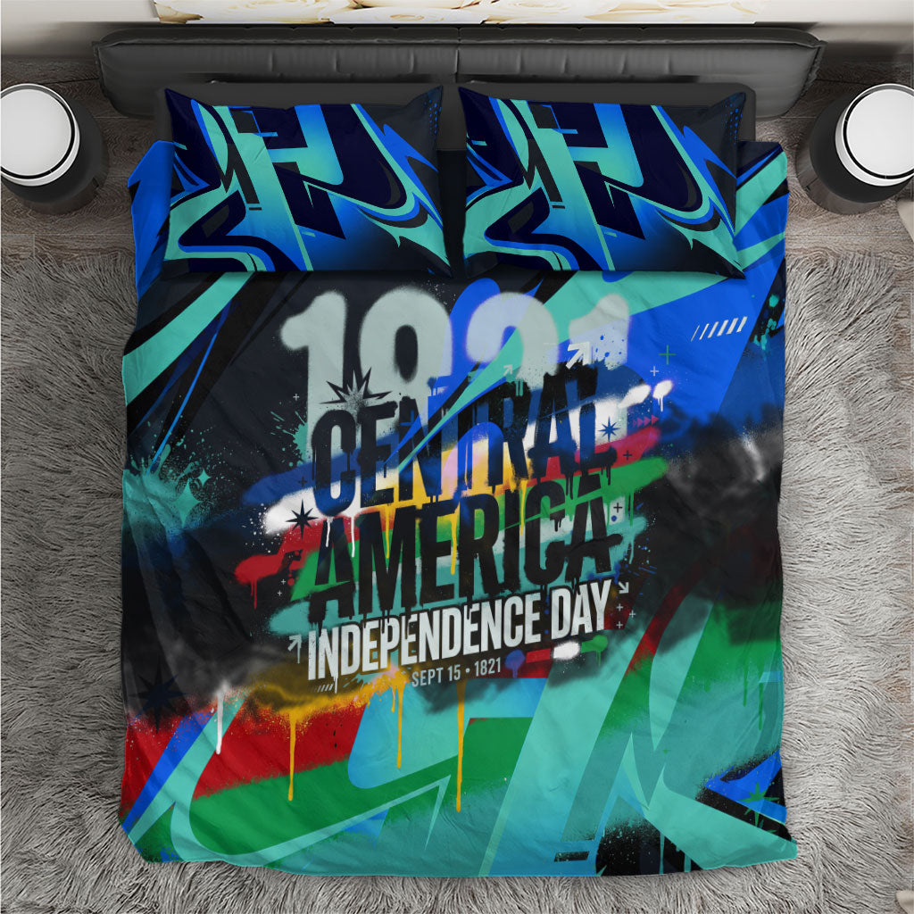 Central America Independence Day 1821 Bedding Set Blue Black Graffiti Paint Splatter Parrot Map