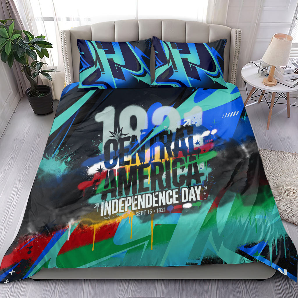 Central America Independence Day 1821 Bedding Set Blue Black Graffiti Paint Splatter Parrot Map