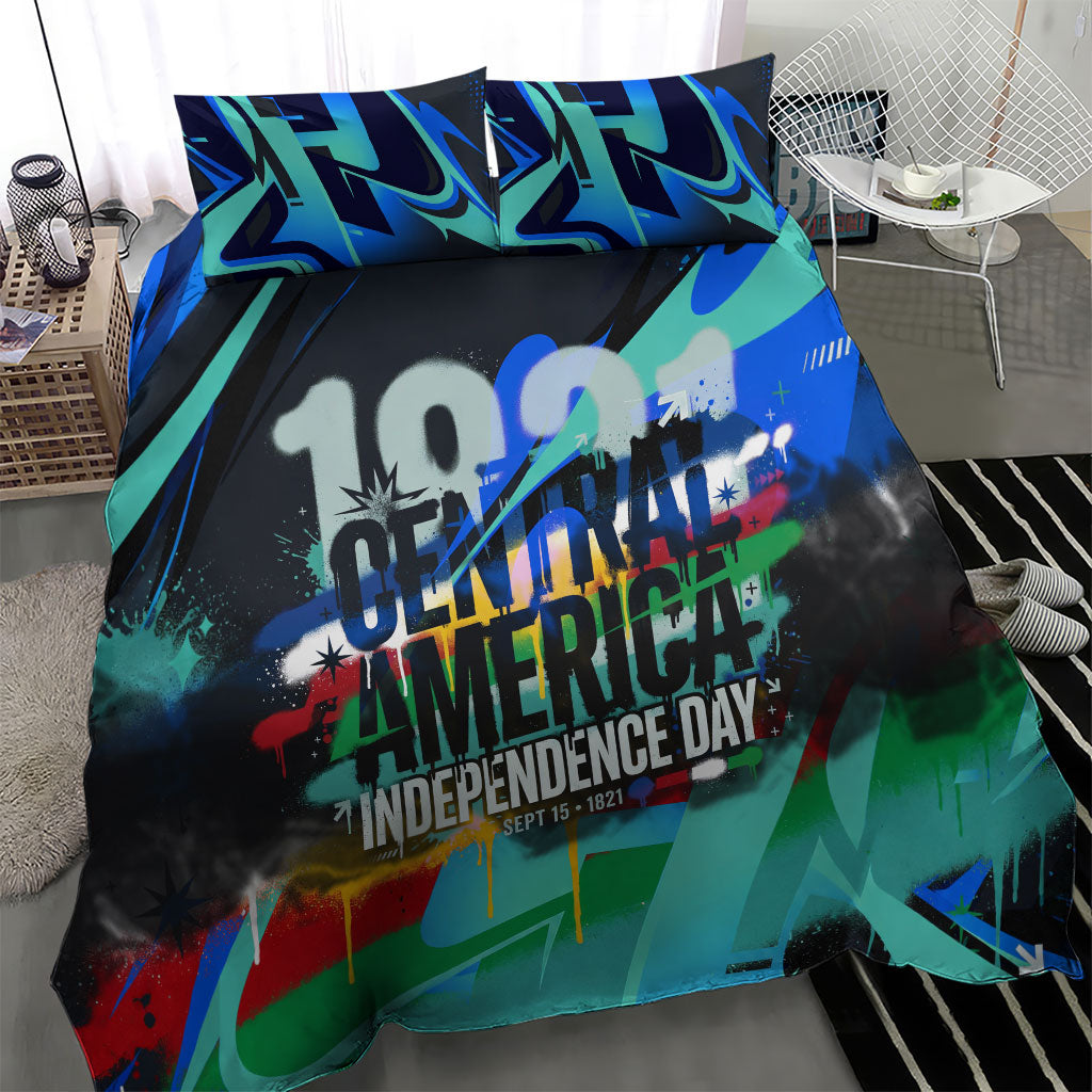 Central America Independence Day 1821 Bedding Set Blue Black Graffiti Paint Splatter Parrot Map