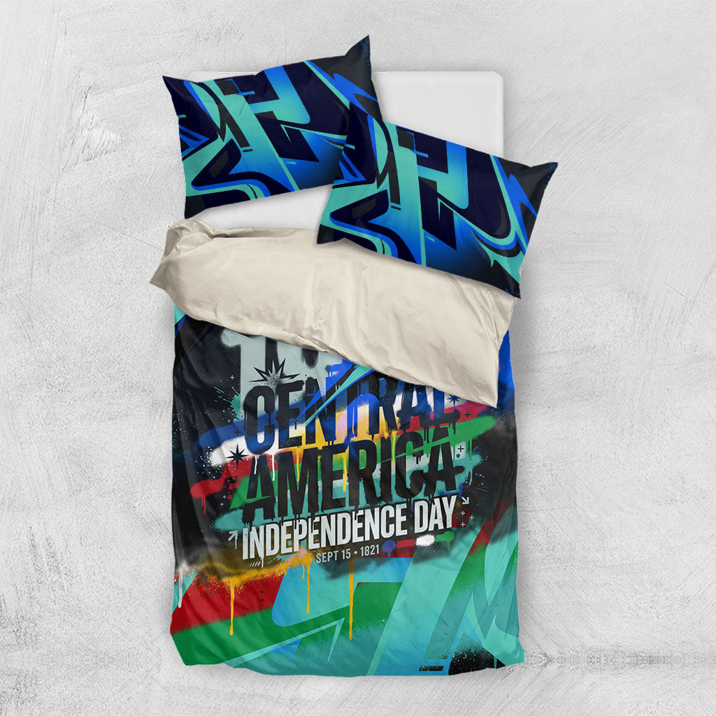 Central America Independence Day 1821 Bedding Set Blue Black Graffiti Paint Splatter Parrot Map
