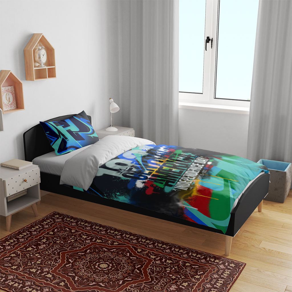 Central America Independence Day 1821 Bedding Set Blue Black Graffiti Paint Splatter Parrot Map