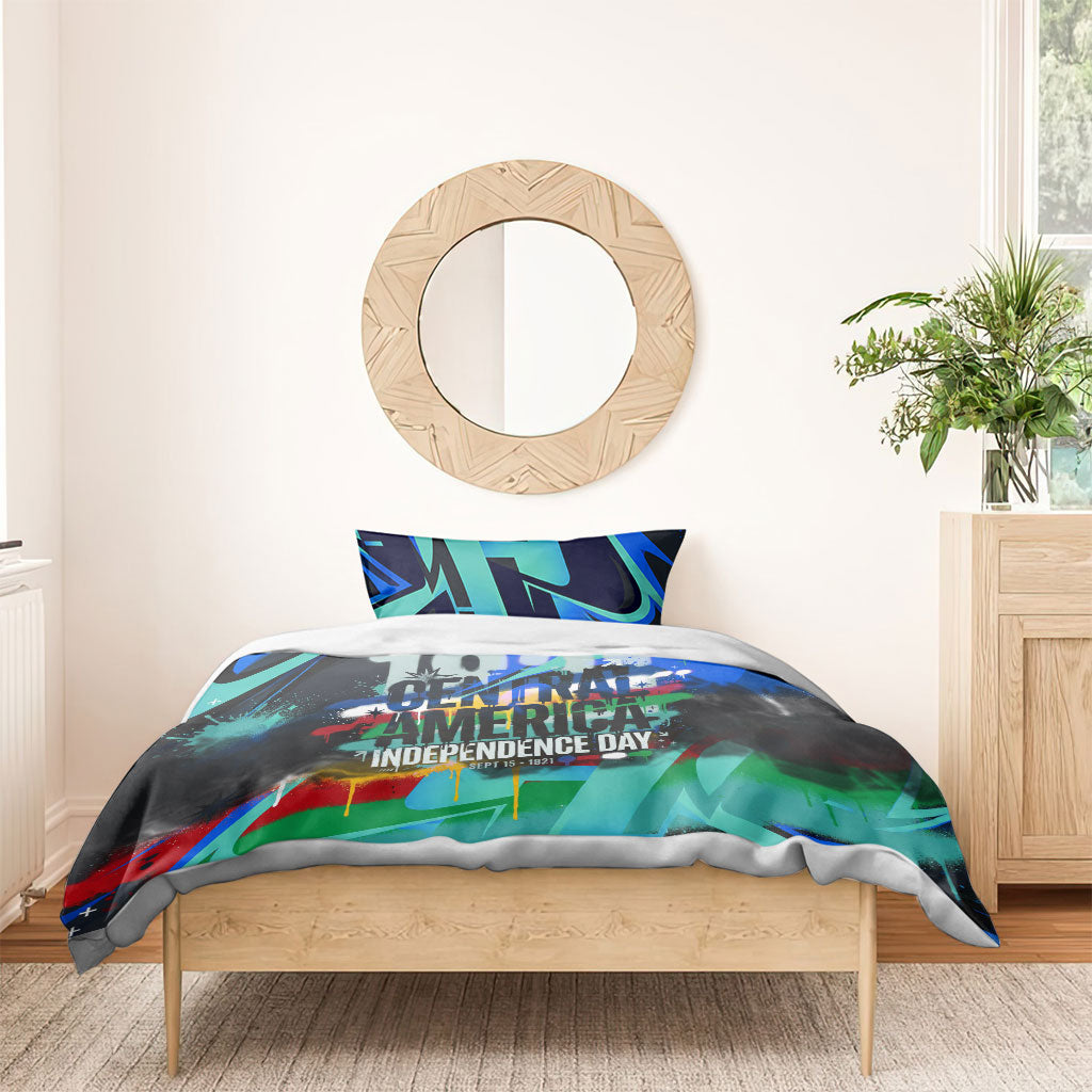 Central America Independence Day 1821 Bedding Set Blue Black Graffiti Paint Splatter Parrot Map