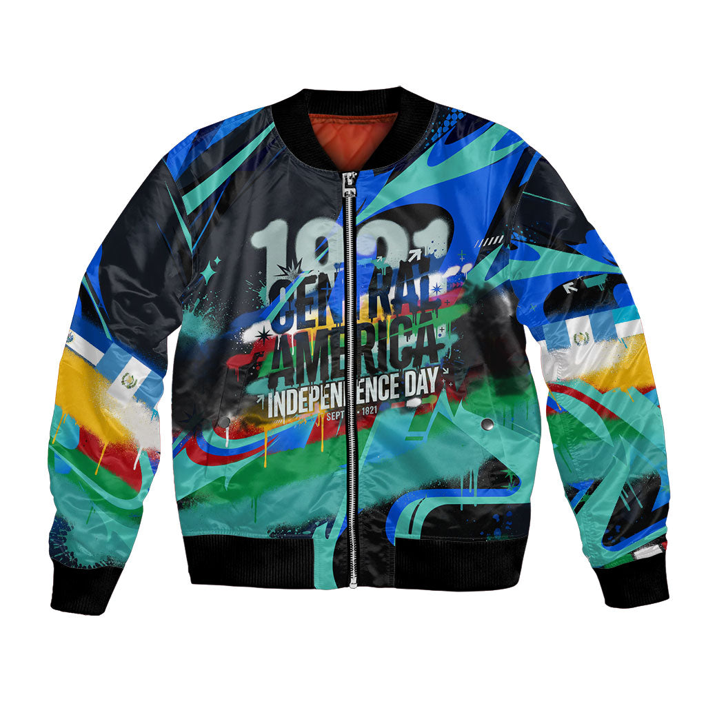 Central America Independence Day 1821 Bomber Jacket Blue Black Graffiti Paint Splatter Parrot Map