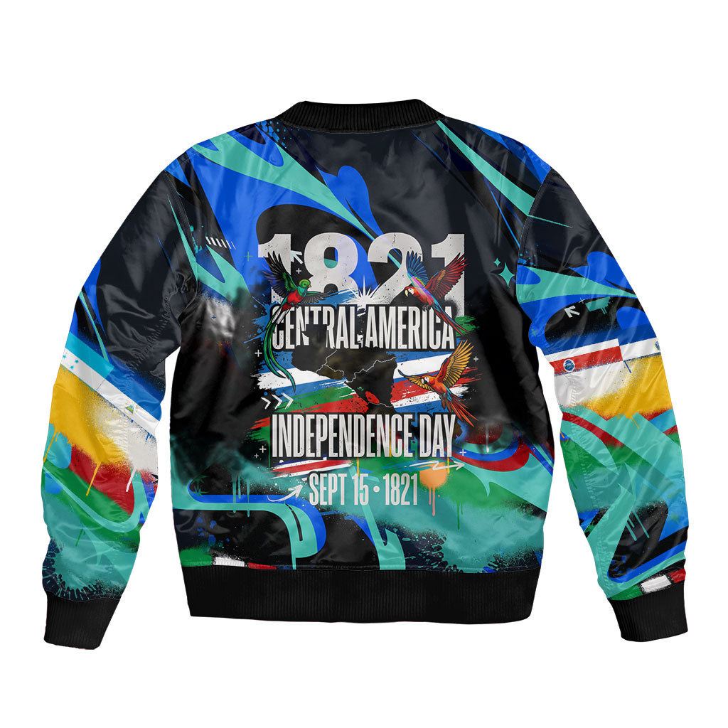 Central America Independence Day 1821 Bomber Jacket Blue Black Graffiti Paint Splatter Parrot Map