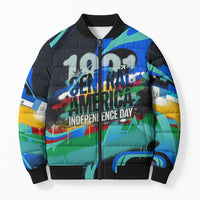 Central America Independence Day 1821 Bomber Puffer Jacket Blue Black Graffiti Paint Splatter Parrot Map