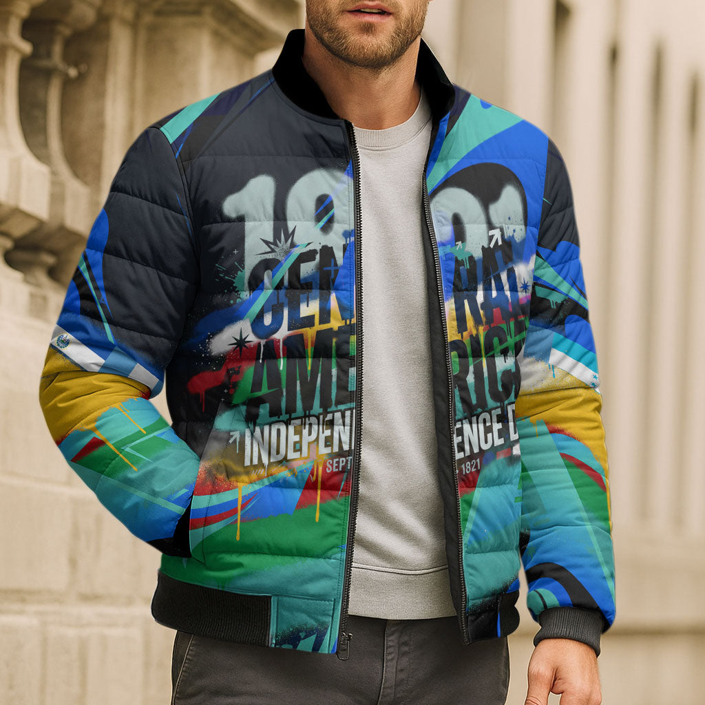 Central America Independence Day 1821 Bomber Puffer Jacket Blue Black Graffiti Paint Splatter Parrot Map