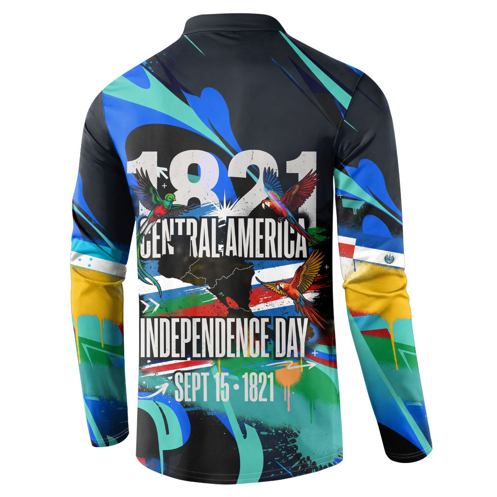 Central America Independence Day 1821 Button Sweatshirt Blue Black Graffiti Paint Splatter Parrot Map